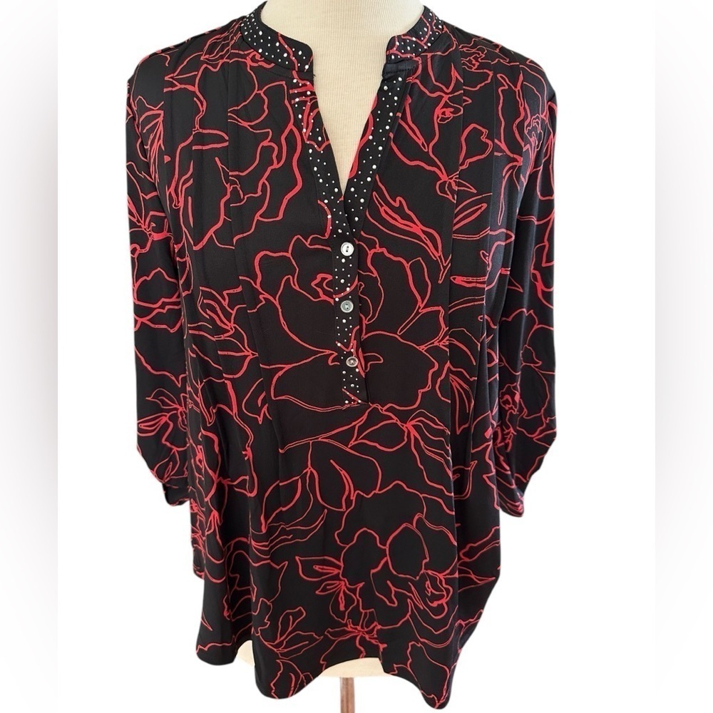 COCOMO XL Black Red Rhinestone 3/4 sleeve women's Pintuck Blouse
